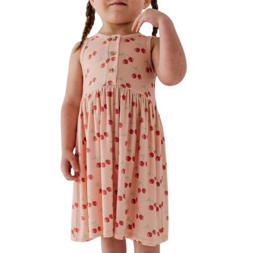 Girls Pink Cherry Print Sleeveless Dress