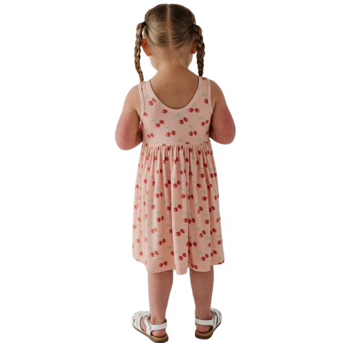 Girls Pink Cherry Print Sleeveless Dress