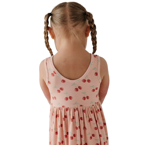 Girls Pink Cherry Print Sleeveless Dress